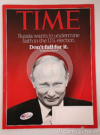 Time magazine with Vladimir Putin on front page issued before 2016 Presidential election Editorial Stock Photo