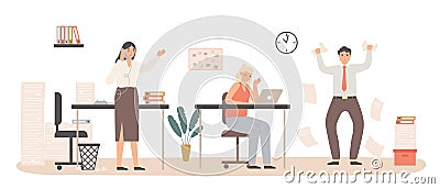 Time management with business deadline clock concept. Female and male employees working at office in panic Vector Illustration
