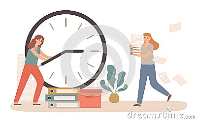 Time management with business deadline clock concept. Woman holding dial arrows trying to stop time. Female employee Vector Illustration