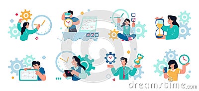 Time management. Business people schedule. Task organize. Planner and hourglass. Agenda of entrepreneur. Training Vector Illustration