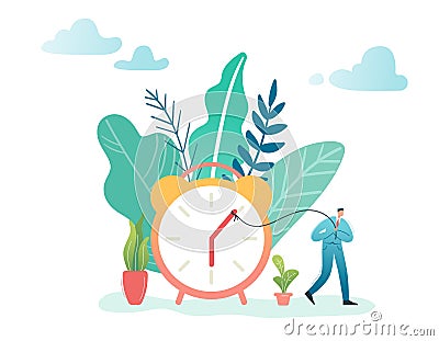 Time Management Business Process Optimization Concept. Businessman and Alarm Clock. Character productivity, efficiency Vector Illustration