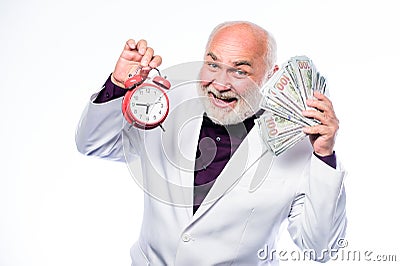 Time management. business success. retirement. time and age. Timekeeping. mature bearded man with alarm clock. mature Stock Photo