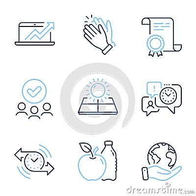 Time management, Clapping hands and Sun energy icons set. Apple, Sales diagram and Timer signs. Vector Vector Illustration