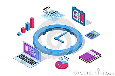 Time management concept. Efficient use of worktime for implementation of the business plan. Vector of a top view of the Vector Illustration