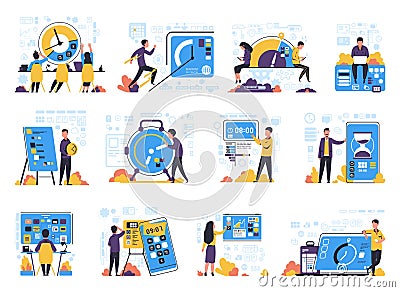 Time management concept. People optimization workflow. Deadline and timetable control. Technologies for organizing Vector Illustration