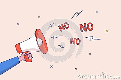 Time management concept. Scream loud on megaphone with words NO. Refuse to do wrong things. Learn to say no, leadership Vector Illustration