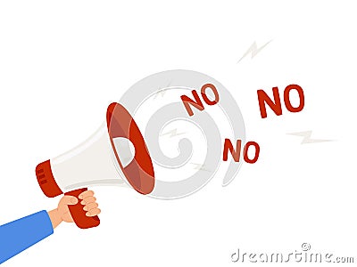 Time management concept. Scream loud on megaphone with words NO. Refuse to do wrong things. Learn to say no, leadership Vector Illustration