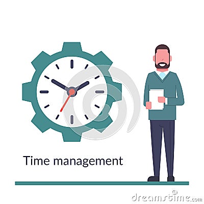 Time management, control. Isolated on background. Businessman stang near huge clock. Organization of process. Cute Happy Vector Illustration