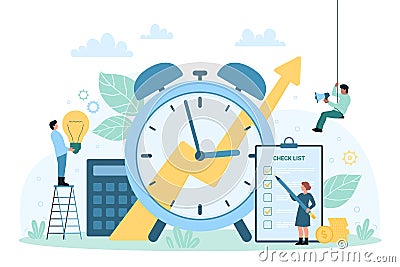 Time management discipline, tiny people holding light bulb, pencil to check tasks Vector Illustration
