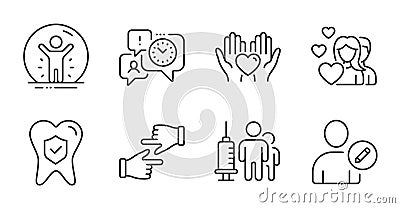 Time management, Hold heart and Medical vaccination icons set. Recovered person, Couple and Click hands signs. Vector Vector Illustration