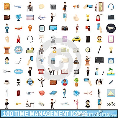 100 time management icons set, cartoon style Vector Illustration