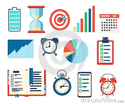 Time management icons set. Charts analysis and optimization goal, schedule, battery, indicators, calendar. Vector illustration iso Cartoon Illustration