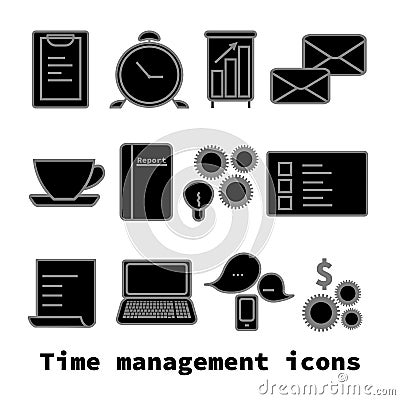 Time management icons set.Simple style. Alarm clock, letters, clipping board, board with graph, cup, folder with report Stock Photo