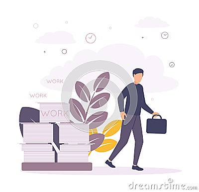 Time management. Illustration of a man with a business briefcase in his hands leaves work, on the background of a stack Vector Illustration