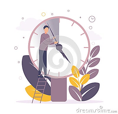 Time management. Illustration of a man standing on the stairs near the big clock and moves the arrows, on the background Vector Illustration