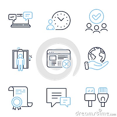 Time management, Internet chat and Computer cables icons set. Comment, Elevator and Reject web signs. Vector Vector Illustration