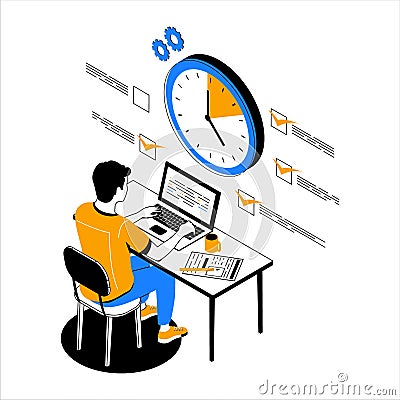 Time management. People organize productive workflow and effective schedule. Man working at computer. Completed task Vector Illustration