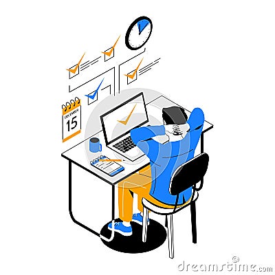Time management. People organize productive workflow and effective schedule. Man working at computer. Completed tasks Vector Illustration