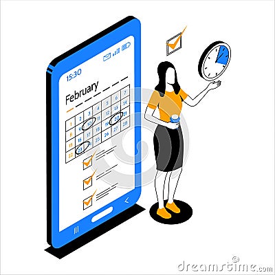 Time management. People organize productive workflow and effective schedule. Month calendar. Mobile application. Woman Vector Illustration