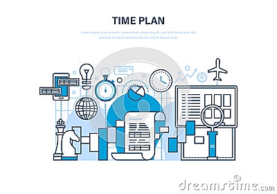 Time management, planning, analysis, research, marketing strategy and business strategy. Vector Illustration