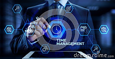 Time management planning productivity business concept. Businessman pressing button Stock Photo