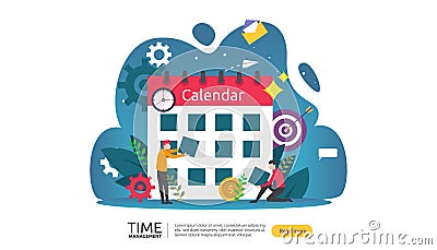 time management and procrastination concept. planning and strategy for business solutions with clock, calendar and tiny people Vector Illustration