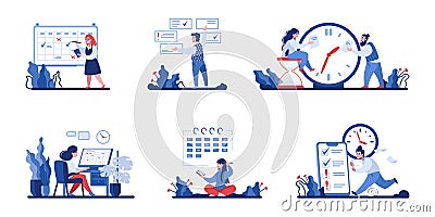 Time management scenes. Workers organizing activities. Efficiency work concept. Planning and marking completed tasks or Vector Illustration