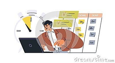 Time management and scheduling concept. Planning tasks, tracking workflow progress on kanban board. Employee organizing Vector Illustration