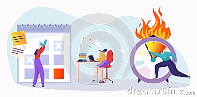 Time management to business deadline, vector illustration, flat tiny man character stop time at burning clock, woman Vector Illustration