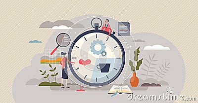 Time management tool for effective day plan and division tiny person concept Vector Illustration