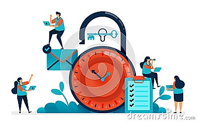 Time management at work, multitasking in managing time, security scheduling and business planning, stopwatch padlock lock, clock Vector Illustration