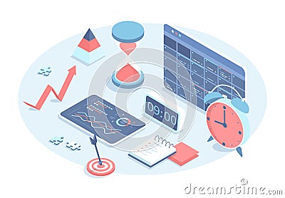 Time management and work organization. Planning schedule in application. Calendar App interface page with notifications, reminders Vector Illustration