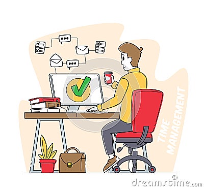 Time Management, Work Productivity. Business Working Process Organization Concept. Satisfied Male at Computer Work Done Vector Illustration