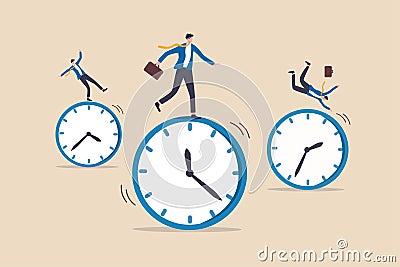 Time management, work schedule and deadline or productivity and efficiency work concept, businessmen riding rolling clock face Stock Photo