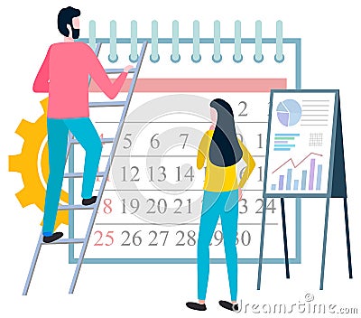 Time Management, Workers Organizing Job Tasks Vector Illustration