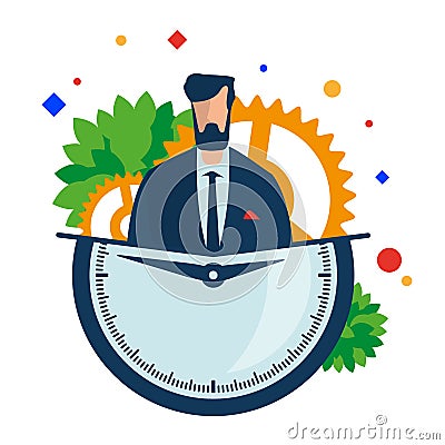 Time management. Working hours. Manager with a clock and gears. Vector Illustration
