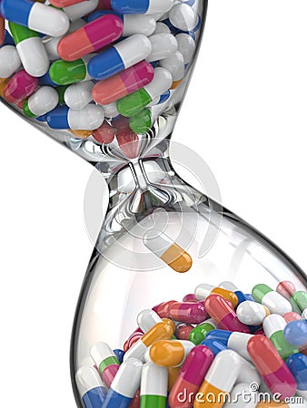 Time of medicine. Pills in hourglass Stock Photo