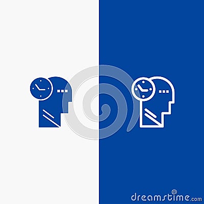 Time, Mind, Thoughts, Head Line and Glyph Solid icon Blue banner Line and Glyph Solid icon Blue banner Vector Illustration