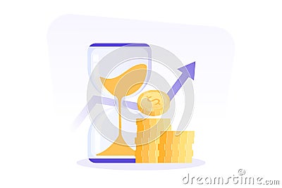 Time is money concept. Financial invest fund, revenue increase, income growth, hourglass and coin stack, budget planning, pension Cartoon Illustration