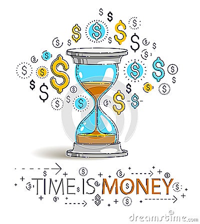 Time is money concept, hourglass and dollar icons set, sand watch timer deadline allegory. Vector Illustration