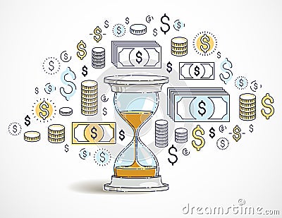 Time is money concept, hourglass and dollar icons set. Vector Illustration