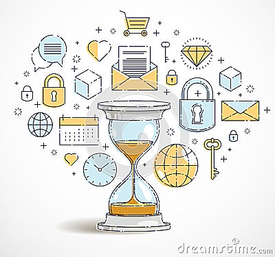 Time is money concept, hourglass icons set, sand watch timer deadline allegory Vector Illustration