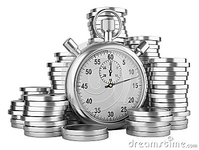 Time is money - 3d illustration of stopwatch and silver coins Stock Photo