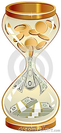 Time is money. Hourglass coins and notes Vector Illustration