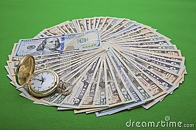 Time money management USA bills watch financial spreadsheet Stock Photo