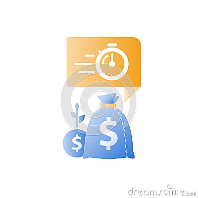 Time is money, stopwatch and bags, fast loan, quick credit, payment period, savings account, financial benefit Vector Illustration