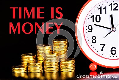 Time money-text message on the background of coins. Express the cost of services and goods. Stock Photo