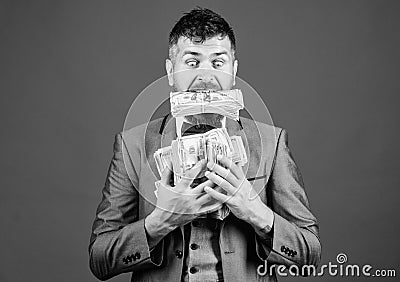 Time is money. winning a lottery. Business and sport success. happy bearded man has a lot of money. businessman after Stock Photo