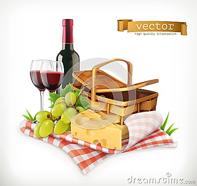 Time for a picnic, a tablecloth and picnic basket, wine glasses, cheese and grapes, vector illustratio Vector Illustration