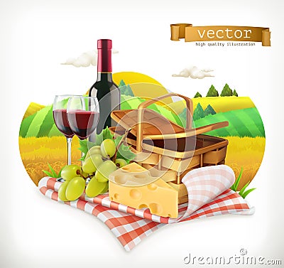 Time for a picnic, tablecloth and picnic basket, wine glasses, cheese and grapes, vector illustratio Vector Illustration